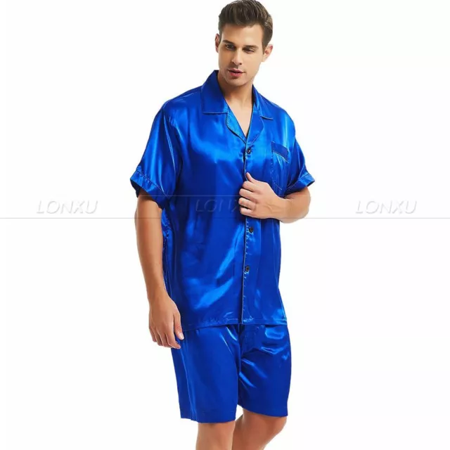 MENS SILK SATIN Pajamas Pyjamas Short Set Sleepwear Loungewear S