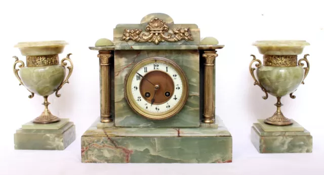 Antique French Onyx Bell-Striking Mantel Clock & Garnitures, A.d.mougin, Working