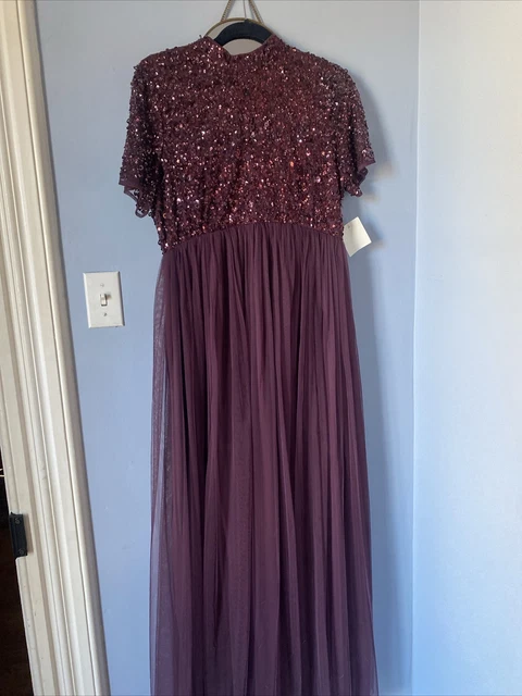 Maya high neck maxi tulle dress online with tonal delicate sequins in berry