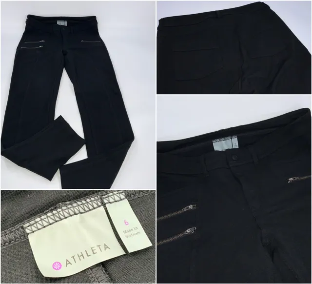 Athleta Ponte Moto Pants Leggings Sz 6 Black Knit Zip Pockets Mint YGI I2-232