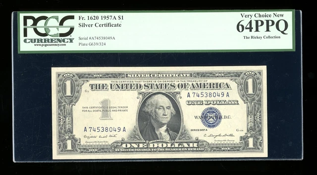 DBR $1 1957-A Silver Fr. 1620 AA Block PCGS 64 PPQ Serial A74538049A