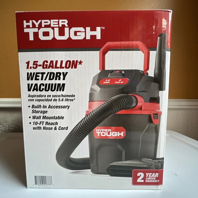 HYPER TOUGH 1.5 Gallon 2 HP Wet/Dry Vacuum, Reusable Filter, 4ft Hose
