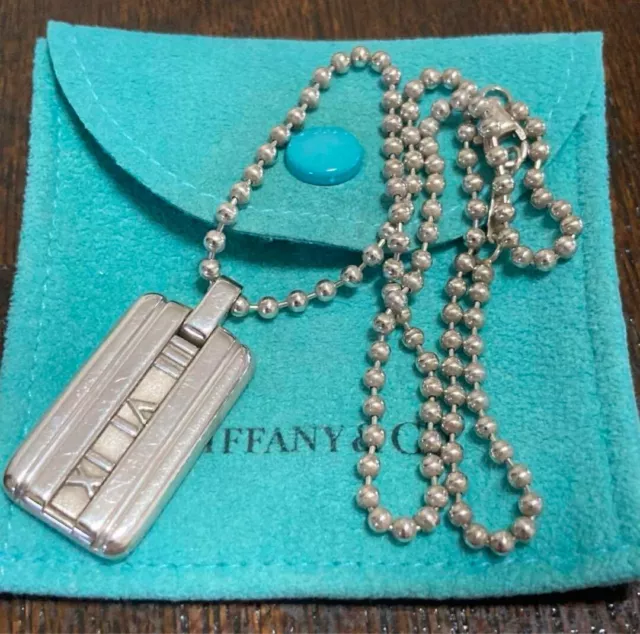 Tiffany & Co. Atlas Dog Tag Plate Ball Chain Pendant 20" Necklace Silver w/Pouch