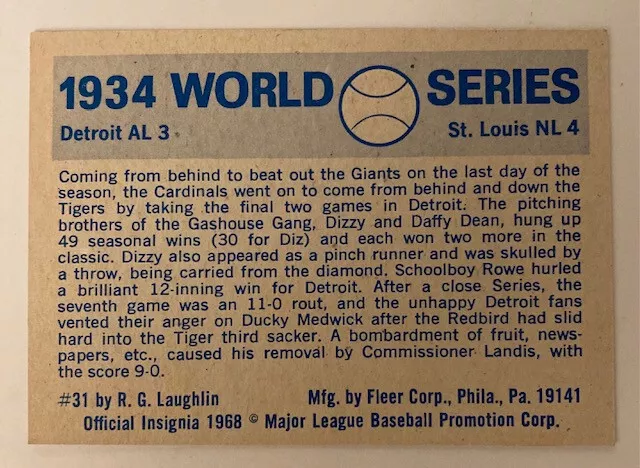 3 Card Lot 1968 Fleer World Series Cardinals Tigers Cubs As Red Sox 3