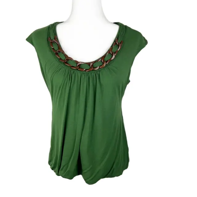 Classiques Entier Blouse Women Medium Green Brown Wood Chain Collar Casual Top