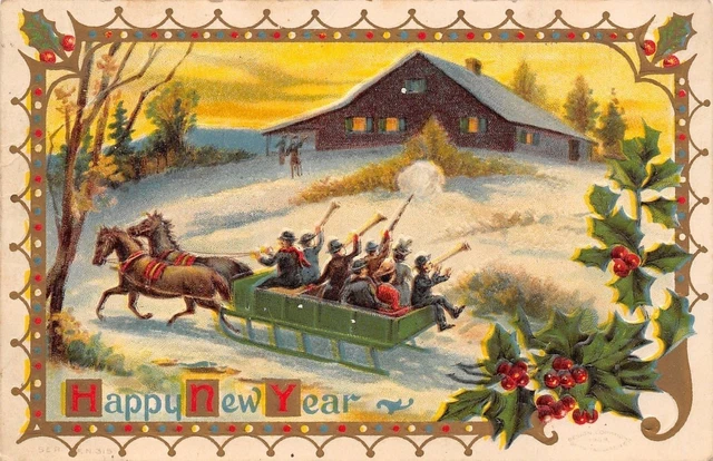 New Year~Revelers In Horse Drawn Sleigh~Blow Horns Toward Farm House~Emboss 1909
