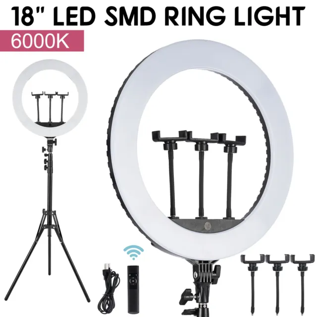 18" LED Ring Light Kit with Stand Dimmable 6500K For Makeup Phone Camera Youtube