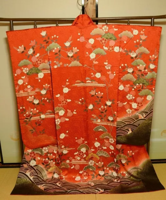Furisode Silk Kimono Women Japanese vintage Wedding Robe 168cm Long /812