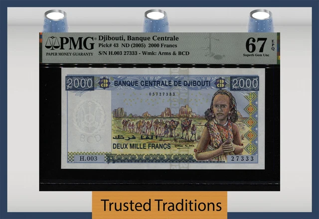 Tt Pk 43 Nd (2005) Djibouti 2000 Francs Pmg 67 Epq Superb Gem Uncirculated