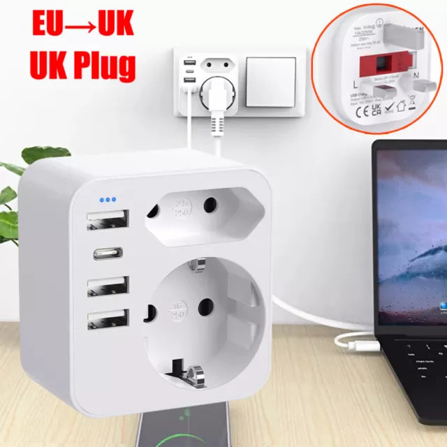 Reiseadapter DE auf UK GB England 3pin Steckdose Reisestecker Adapter Strom USB.