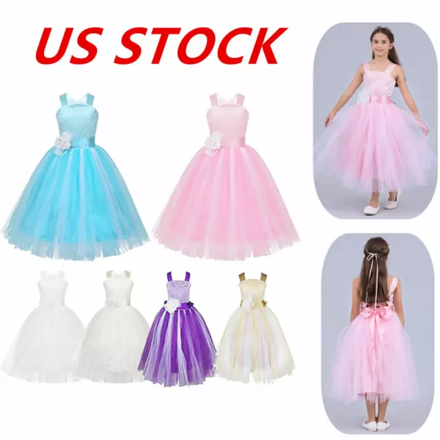 US Flowers Girls Party Dress Wedding Bridesmaid Maxi Princess Pageant Prom Gown