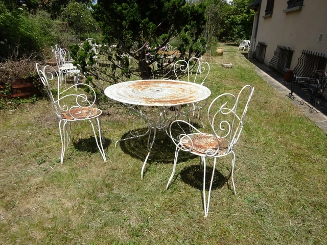 ANCIENNE TABLE DE Jardin Vintage Ronde En Fer + 3 Fauteuils Art Deco