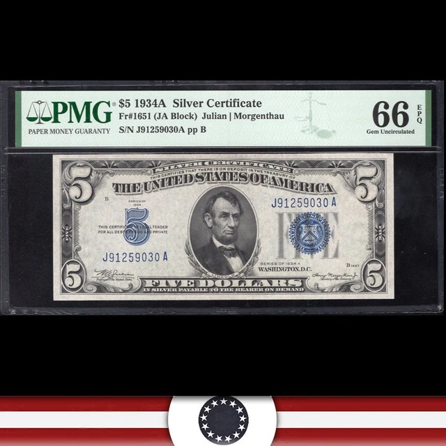 1934-A $5 SILVER CERTIFICATE *J-A Block*  PMG 66 EPQ Fr 1651 59030