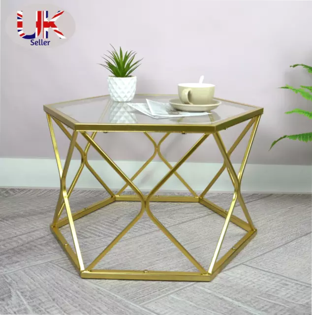 Coffee Table for Living Room Hexagon Glass Center Tables with Gold Metal Frame