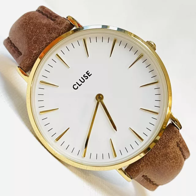 Cluse La Boheme Big Face Women's Minimalist Watch Gold Brown Leather CL18408