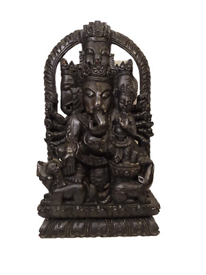 Large Antique Carved Wooden Sculpture Ganesh Rat Dog Fine Sculpted Carving Hindu