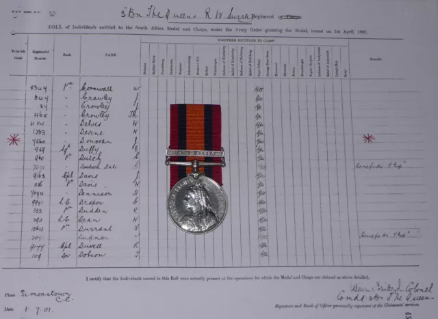 QUEEN'S SOUTH AFRICA MEDAL ONE CLASP TO 3rd BATT. R.W. SURREY REGT + ROLL