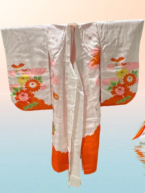 Japanese Girls Long Coat Kimono Kabukis Pink/White Traditional 2 Layers