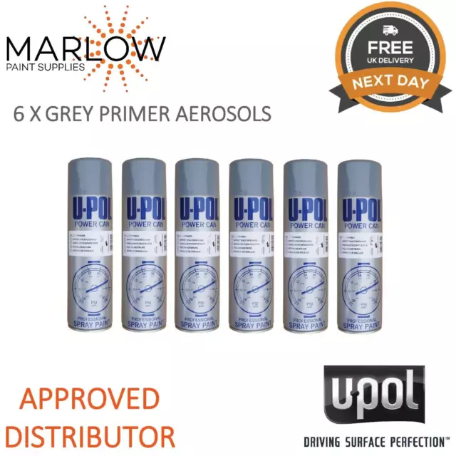 6 X U-Pol Power Can Aerosols 500Ml Upol Spray Paint Rattle Cans - Grey Primer