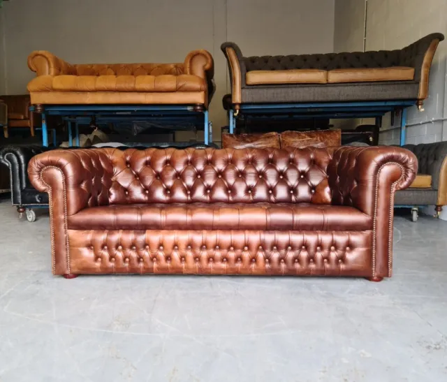 109. Three Seater Tan Brown Leather Chesterfield Vintage Sofa 🚚 🇬🇧