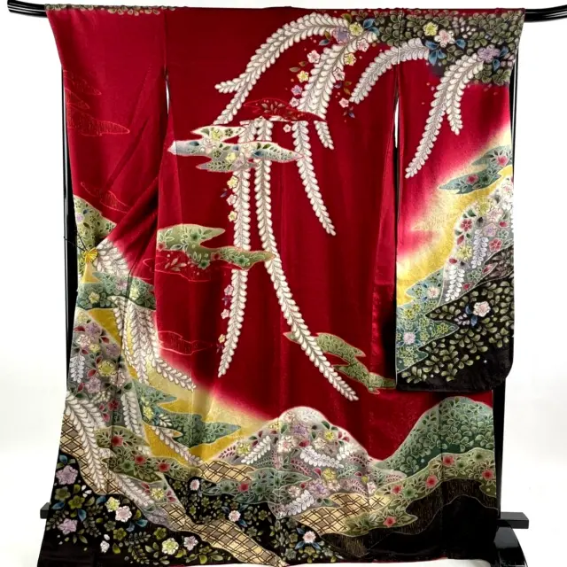 Japanese kimono SILK"FURISODE" long sleeves"TujigaHana"Gold thread ,L5' 7"..3316