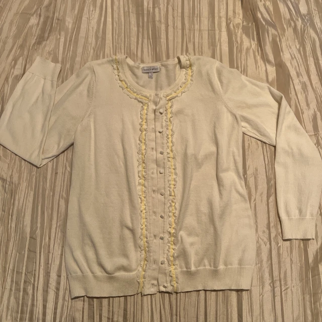 Cardigan Sweater Cottage Core Granny White WithRuffled Lace Yellow ribbon size L
