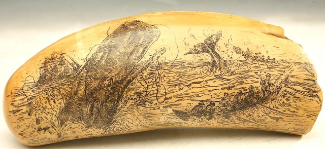 Vintage Faux Scrimshaw Sperm Whale Tooth Great Whaling Scene Artek Nwm