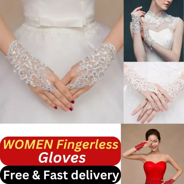 Women Bridal Wedding Gloves Fingerless Beads Mesh Lace Short Gloves Party Mitten