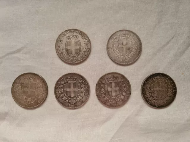 Lotto 5 Lire Vittorio Emanuele II  E Umberto I argento 6 monete Scudi