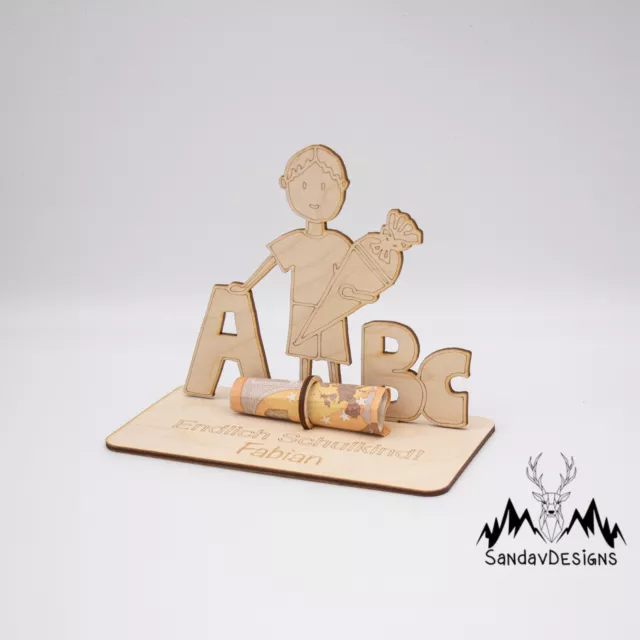 Geldgeschenk Schulanfang Junge - aus Holz personalisiert