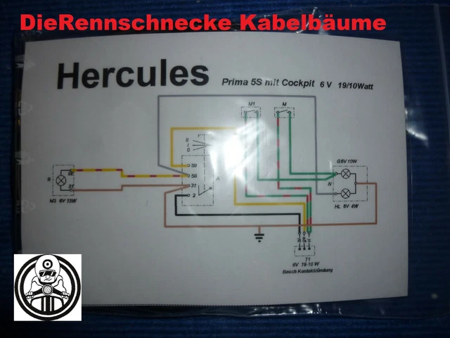 HERCULES PRIMA 5S intern Kabelbaum Kabelsatz Nachbau incl. farbigem