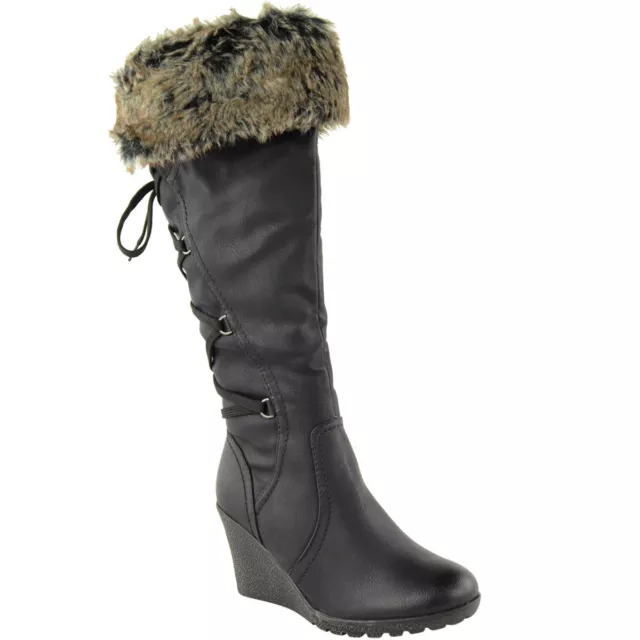 Womens Ladies Mid Wedge High Heel Fur Lined Warm Winter Knee Calf Zip Boots Size