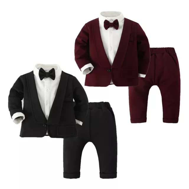 Baby Boys Gentleman Outfit Wedding Party Tuxedo Suit Bowtie Shirt Coat+Trousers