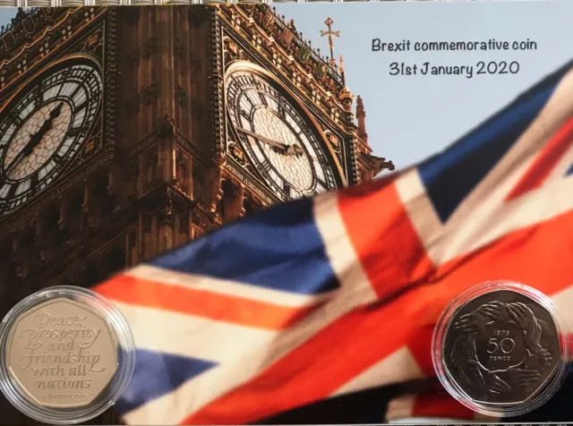 1973 y 2020 Únete a la UE/Brexit monedas 50P montadas sobre fondo BIG BEN BREXIT