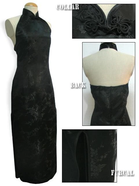 Robe De Soirée Qi-Pao Chinoise Noir Satin Avec Motif Trèfle - Dos Décolleté - Tailles Au Choix