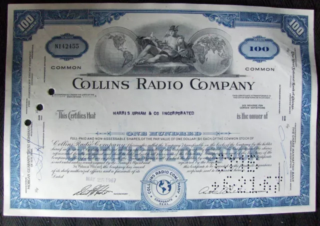 Stock certificate Collins Radio Comp. Payee: HARRIS UPHAM & Co Inc 1967