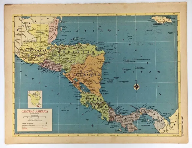 1952 Antique CENTRAL AMERICA Atlas Map Vintage Hammond's New Supreme World Atlas