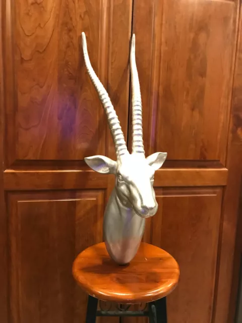 Wonderful Large Silver Tone Metal Head Wall Piece Ibex Long Horn Goat 28 x10"x9"