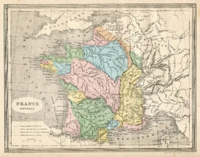 Genuine Original Antique 1877 France Hand Colored Map France Physique Full C