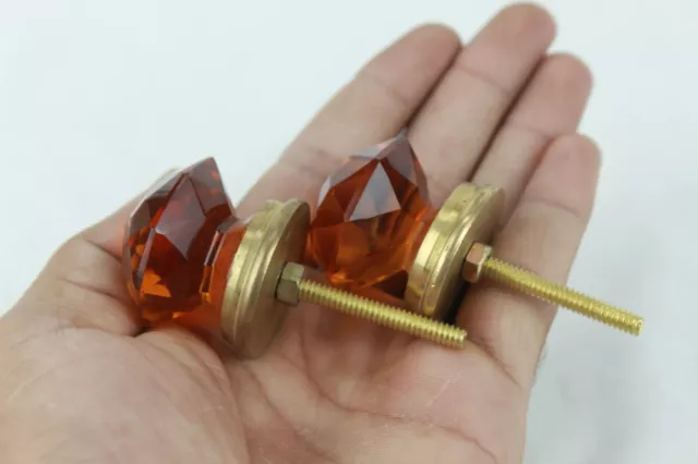 Vintage Amber Cut Glass Door Knob: Victorian Style Brass Small Knobs Set