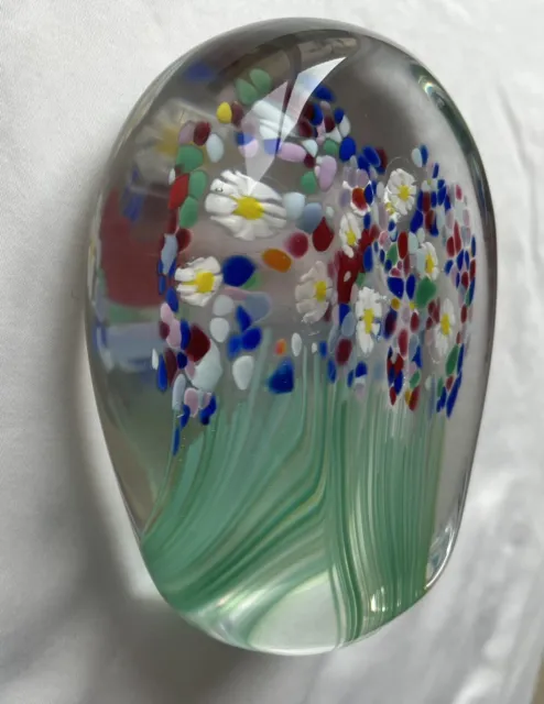 Vtg Chris Belleau Hand Blown Art Glass Paper Weight, 1997. Flower Garden 4”H X 3