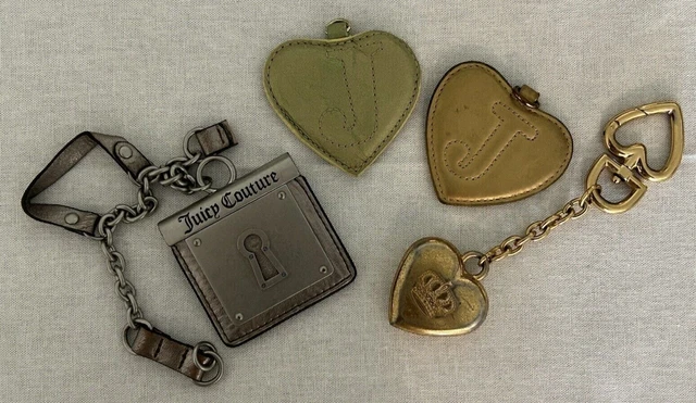 Juicy Couture Lot of 4 Bag Charms Key Tags Leather Heart Mirror Gold Heart Charm