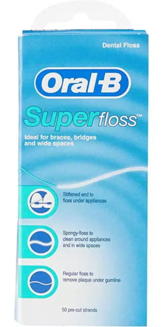 Oral-B SuperFloss Dental Floss for Braces & Bridges - 50 Pre-Cut Strands Per Box