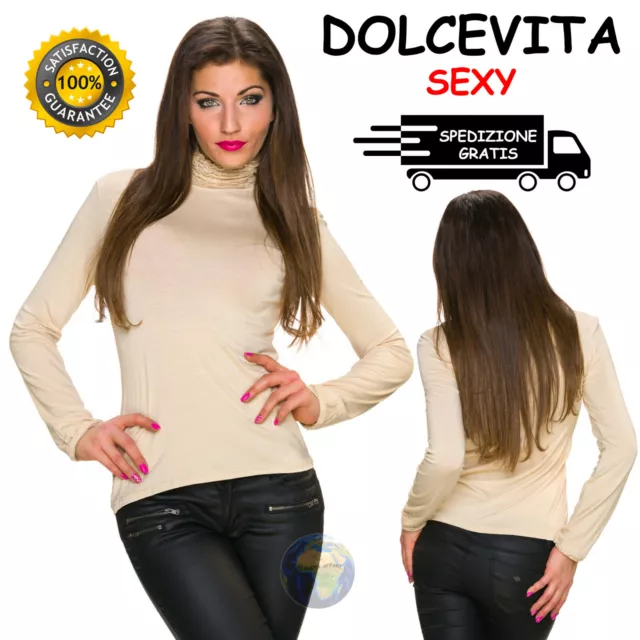 DOLCEVITA da DONNA Lupetto ADERENTE Manica LUNGA Maglia T-SHIRT Collo ALTO