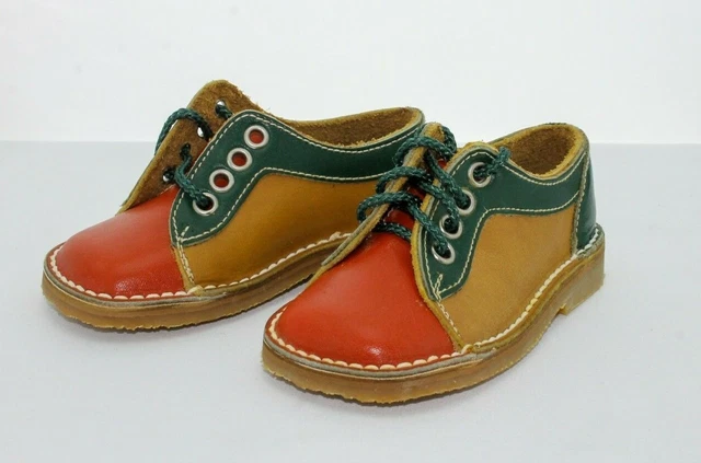 Bambini Ragazzi Scarpe Basse Tgl 23 Verde Rosso Pelle Vero Vintage 80's