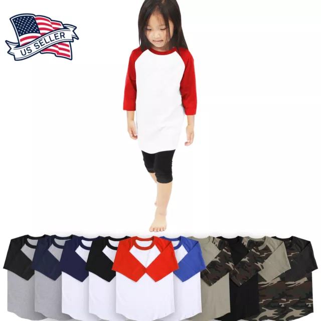 KIDS Baseball RAGLAN T Shirts Tee 3/4 Sleeve Jersey Boys Girls Baby High Quality