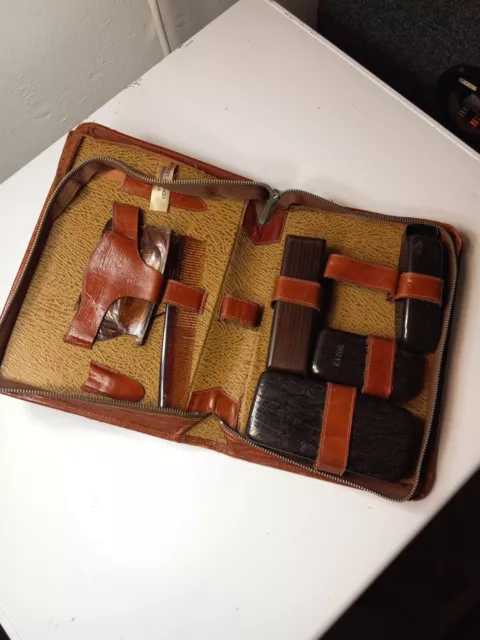 Brown Vintage Mens Vanity Travel Toiletry Grooming Set Kit Cowhide Leather Case