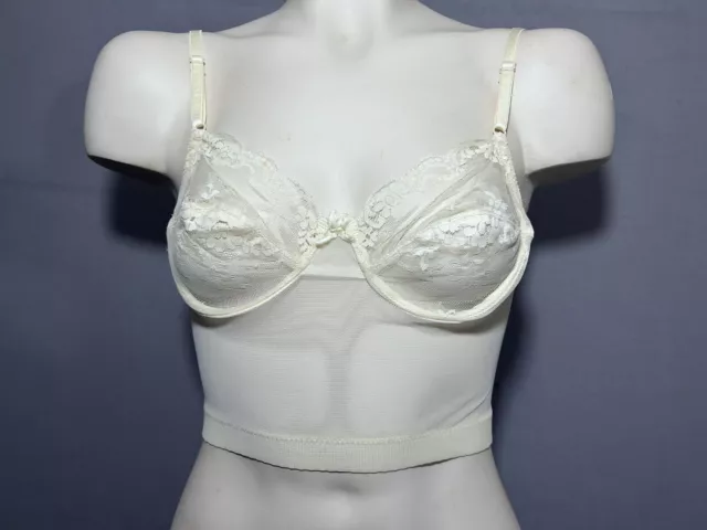 Olga Long Line Bra 34B Ivory Mesh And Lace Underwired Unlined Low Back