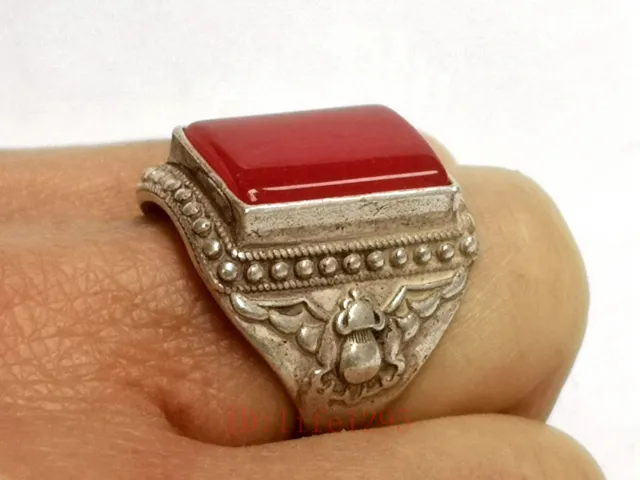 Collection Old China Tibet Silver Handmade Inlay Jade Ring Superb Ornament Gift