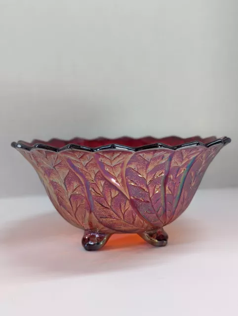 Imperial Carnival Glass Sunset Ruby Red Acanthus Leaf Irredescent Bowl 8.75"